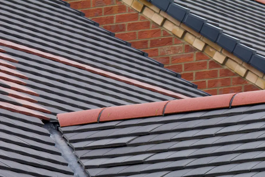 Dark tiles meeting a red ridge beside a brick gable wall