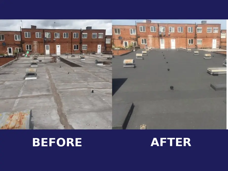 Flat roof in Hemel Hempstead, the old patched roof on the left and the new roof on the right