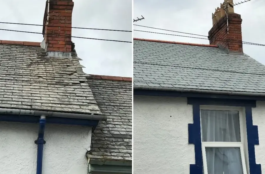 Roof beside a chimney in Stevenage, the old mossy slates on the left and the new slates on the right