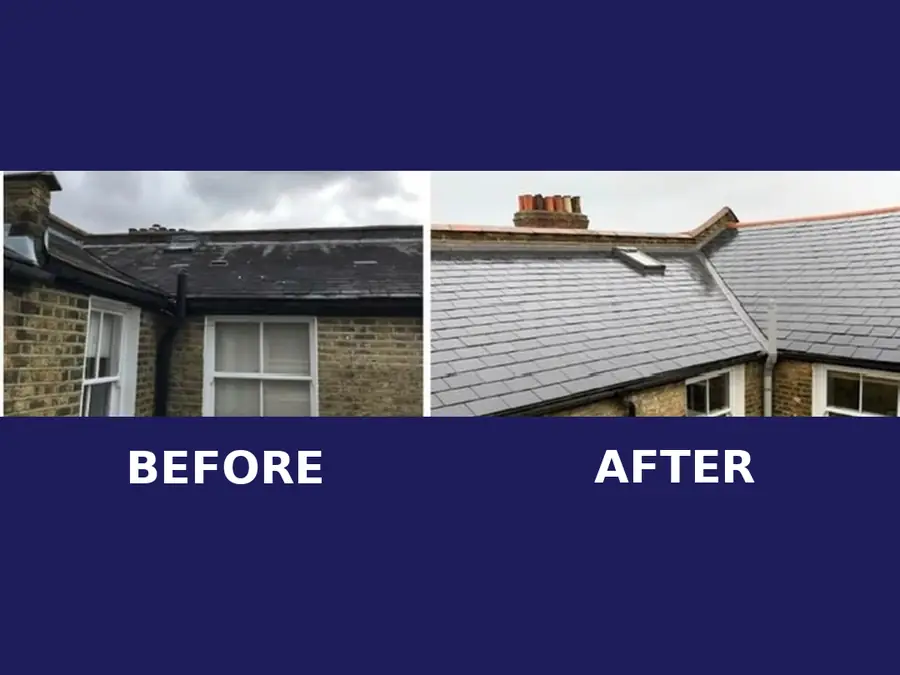 Slate roof in Watford, before on the left and the new slate roof on the right