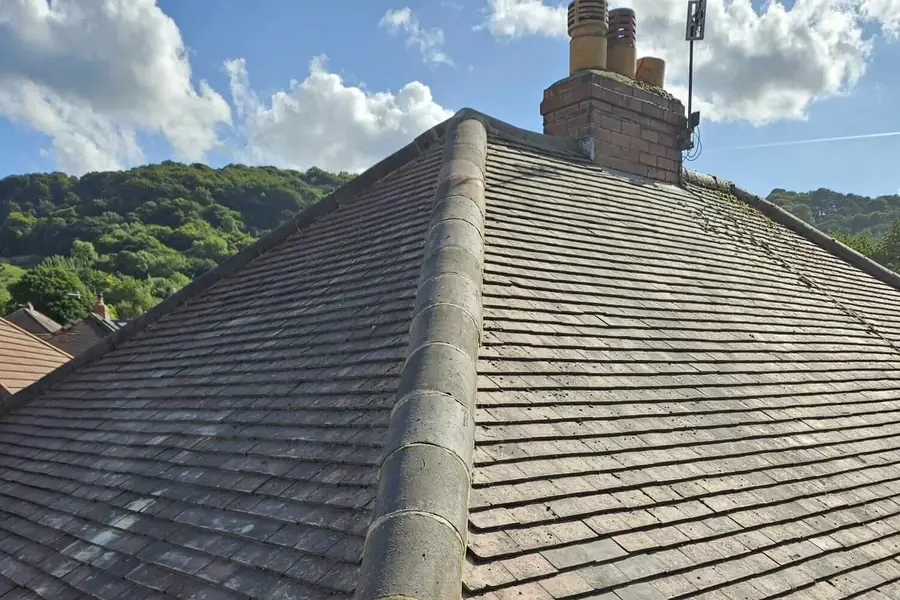 Weathered tiled roof with a bonnet hip and a chimney, hills behind