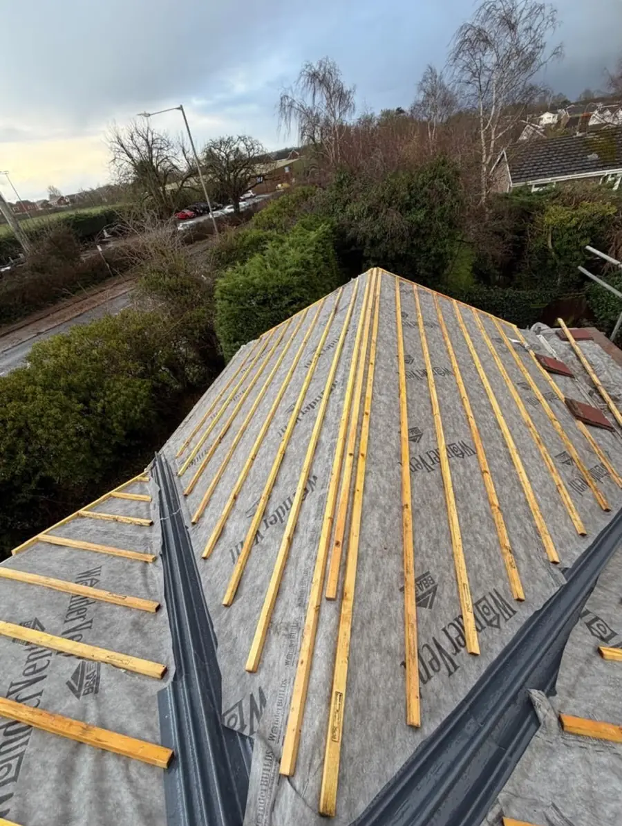 Hip roof with yellow battens over membrane and a valley gutter, trees behind